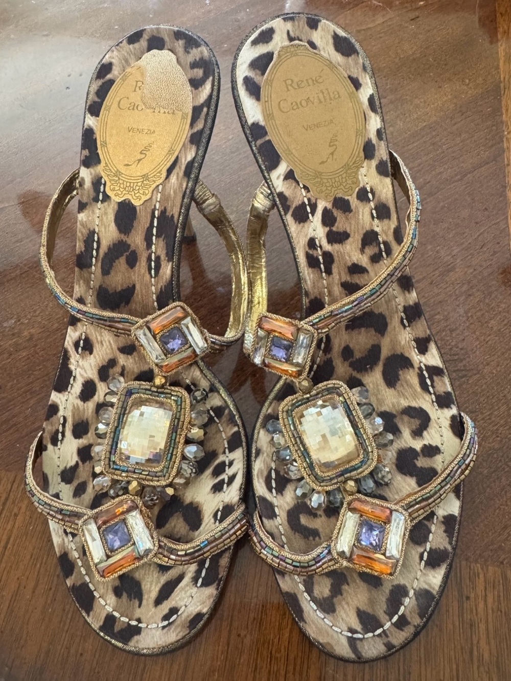 Rene Caovilla Gold and Leopard Beaded Crystal Slide Sandals